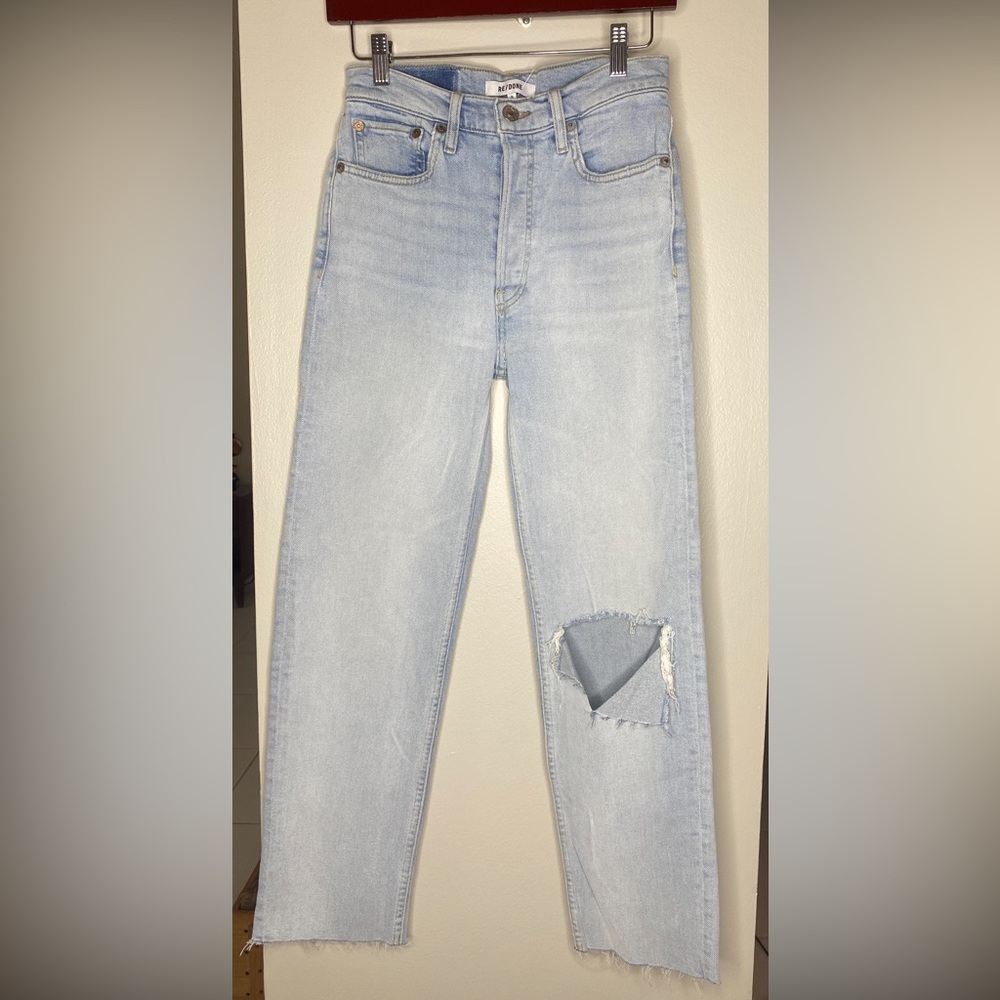 RE/DONE Light Blue 70s Stove Pipe Cropped Distressed Straight Leg Jeans -Size 26